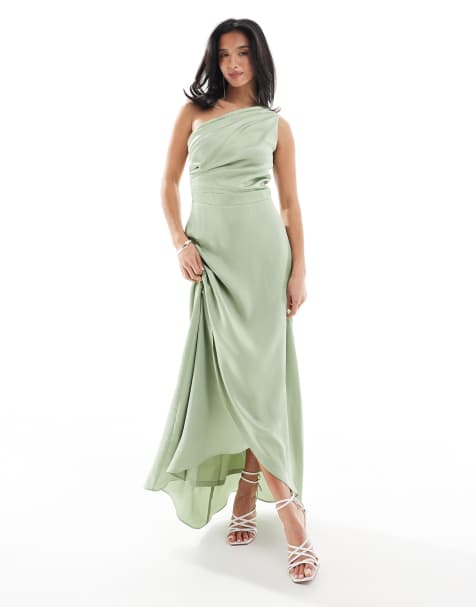 TFNC Petite Bridesmaid one shoulder satin maxi dress with wrap skirt in sage green - view 1