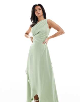 Tfnc Petite Bridesmaid Satin One Shoulder Maxi Dress With Wrap Skirt In Sage-green In Green