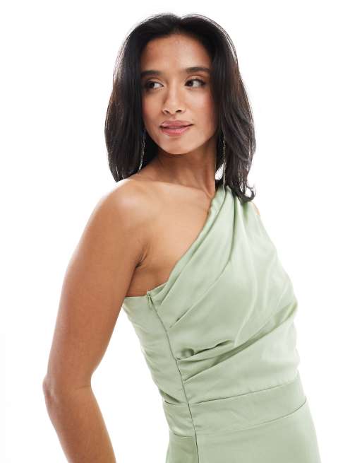 TFNC Petite Bridesmaid one shoulder satin maxi dress with wrap skirt in  sage green