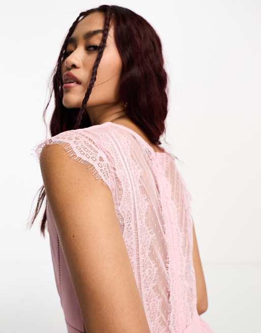 TFNC Petite Bridesmaid Perry lace back jumpsuit in pale pink, 4 of 4