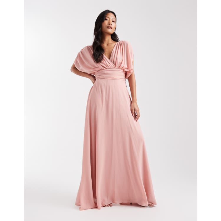 faux wrap pleated chiffon bridesmaid dress Chiffon Pleated Wholesale Bridesmaid Dress with Ruffle Short Sleeves