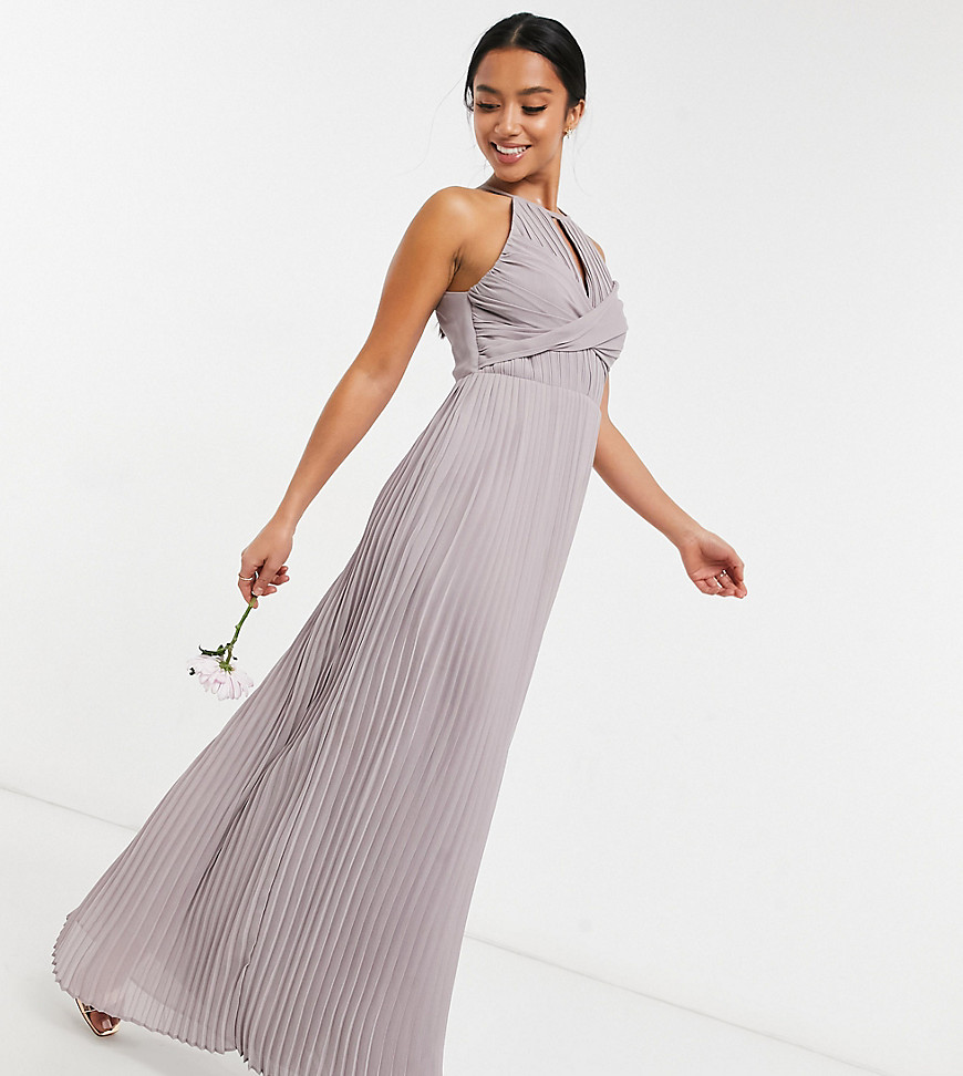 TFNC Petite bridesmaid pleated wrap detail maxi dress in gray-Grey