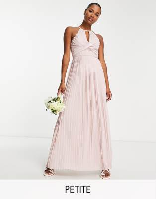 TFNC Petite bridesmaid pleated wrap detail maxi dress in mink