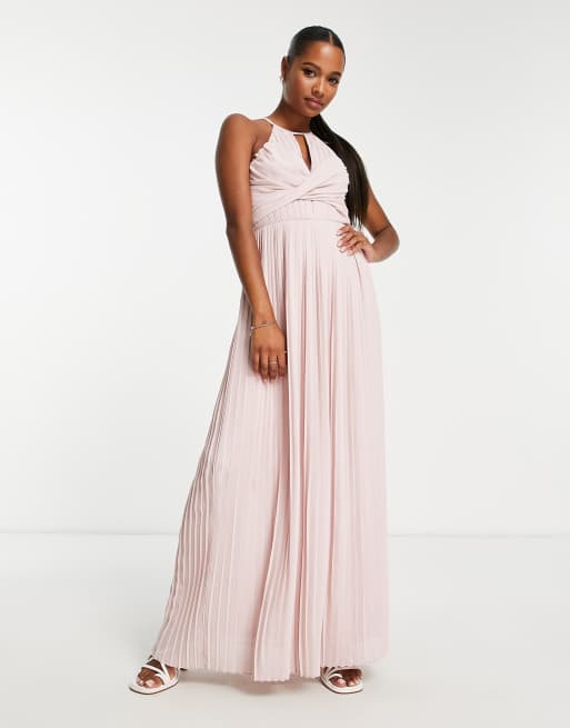 TFNC Petite bridesmaid pleated wrap detail maxi dress in mink