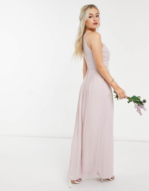 TFNC Petite bridesmaid pleated wrap detail maxi dress in mink