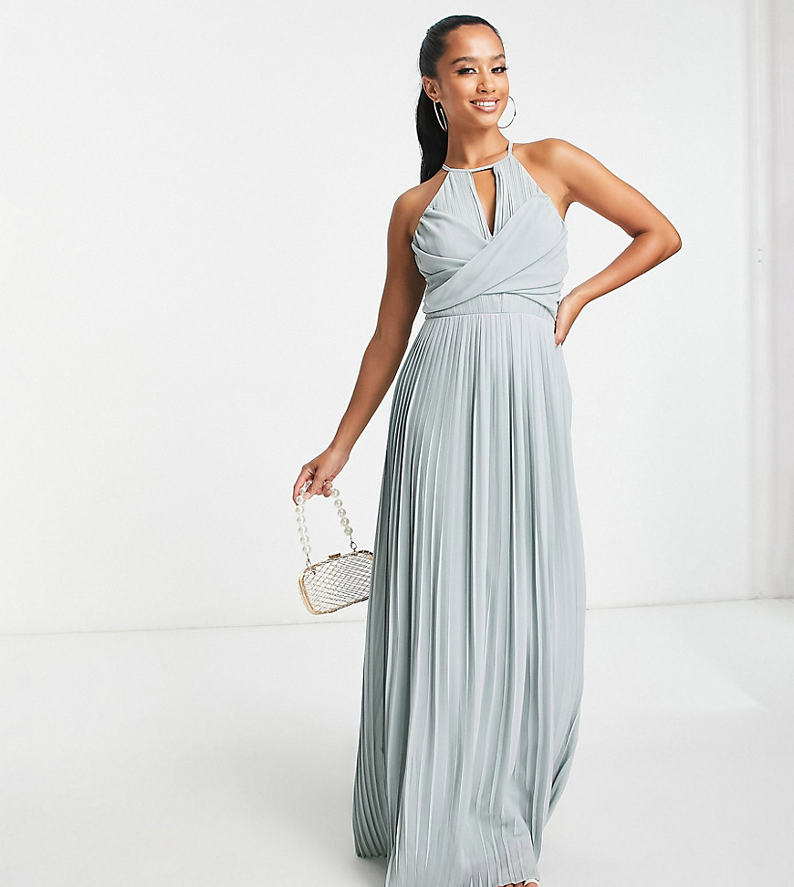 TFNC Petite bridesmaid pleated wrap detail maxi dress in sage-Green