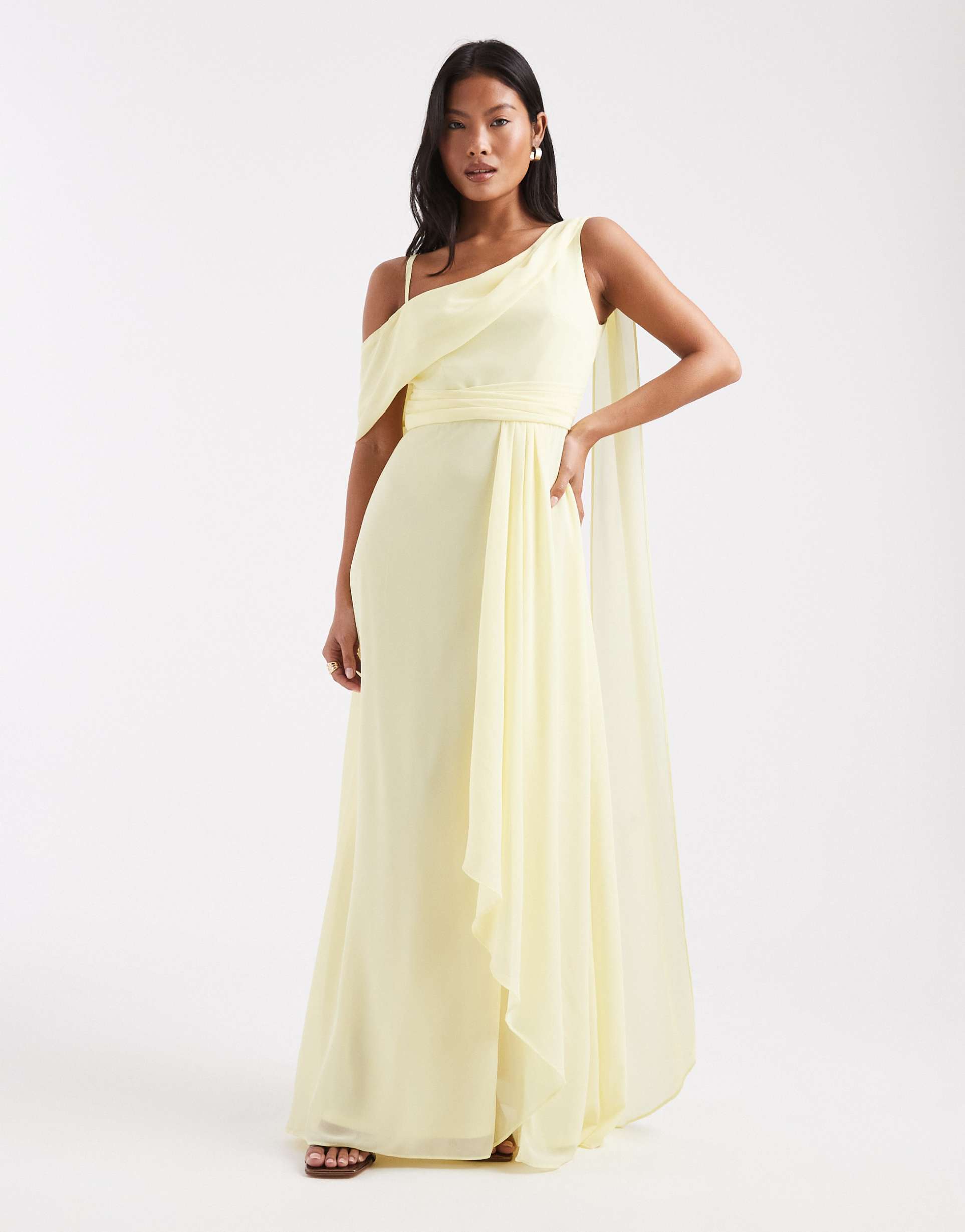 tfnc petite bridesmaid rima chiffon fallen shoulder maxi dress with wrap skirt in yellow