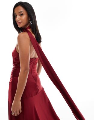 Tfnc Petite Bridesmaid Satin Asymmetric Maxi Dress With Neck Scarf In Red