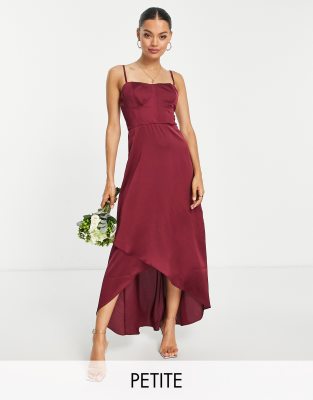 TFNC Petite Bridesmaid satin cami dress in berry-Purple