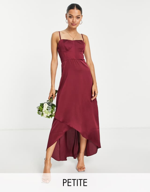 TFNC Petite Bridesmaid satin cami dress in berry