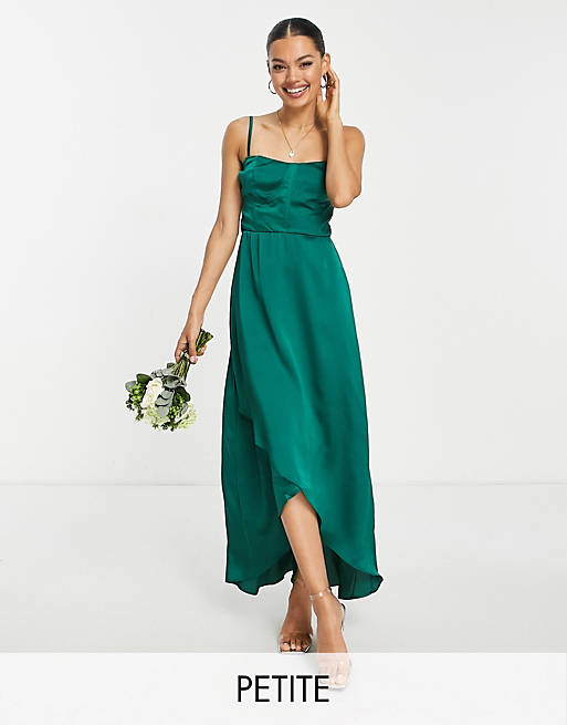 TFNC Petite Bridesmaid satin cami dress in emerald green 