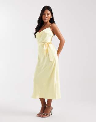 TFNC Petite Bridesmaid satin cami tie waist midaxi dress in butter yellow