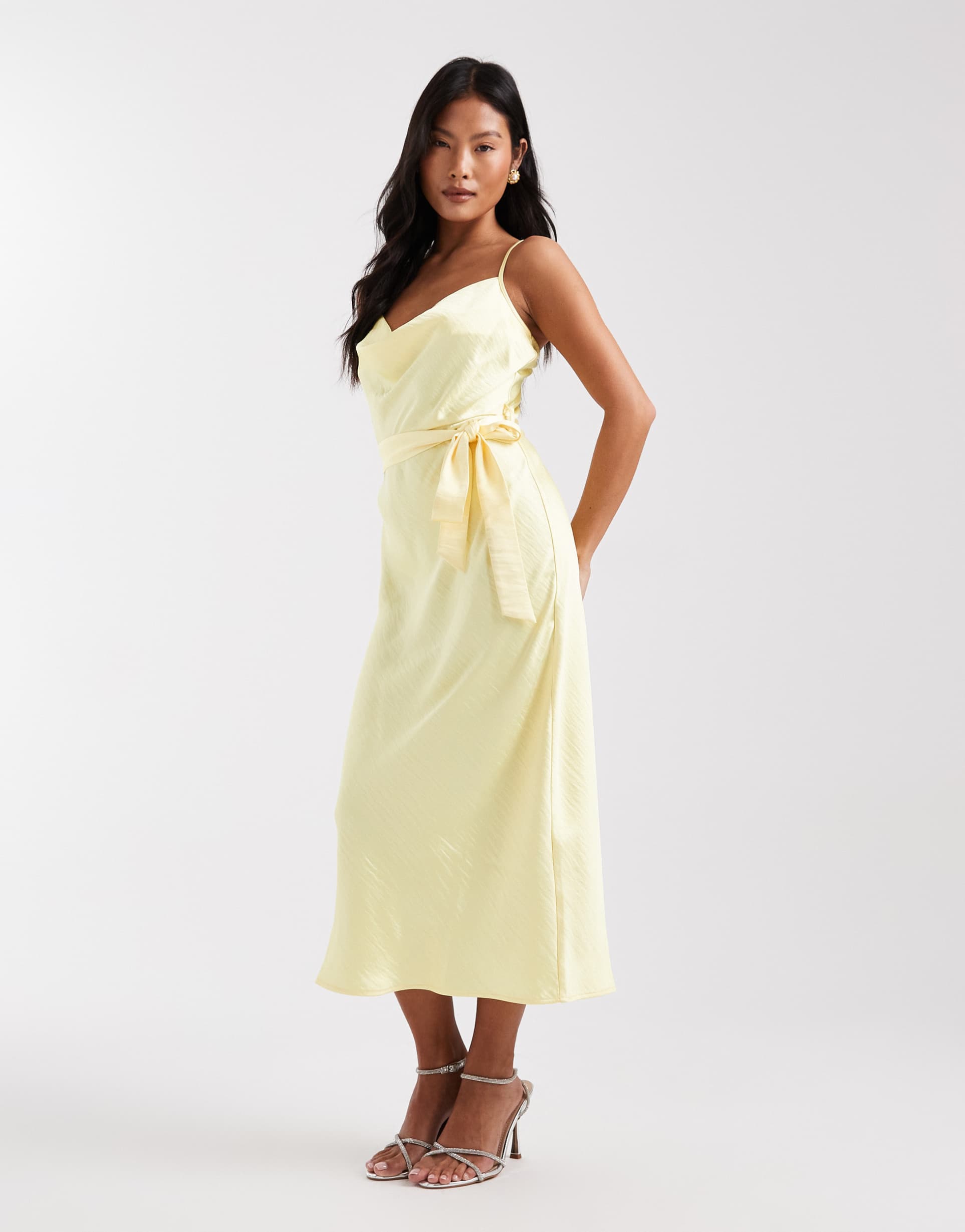 tfnc petite bridesmaid satin cami tie waist midaxi dress in butter yellow