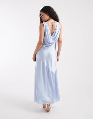 Tfnc Petite Bridesmaid Satin Cowl Front And Back Maxi Dress In Blue