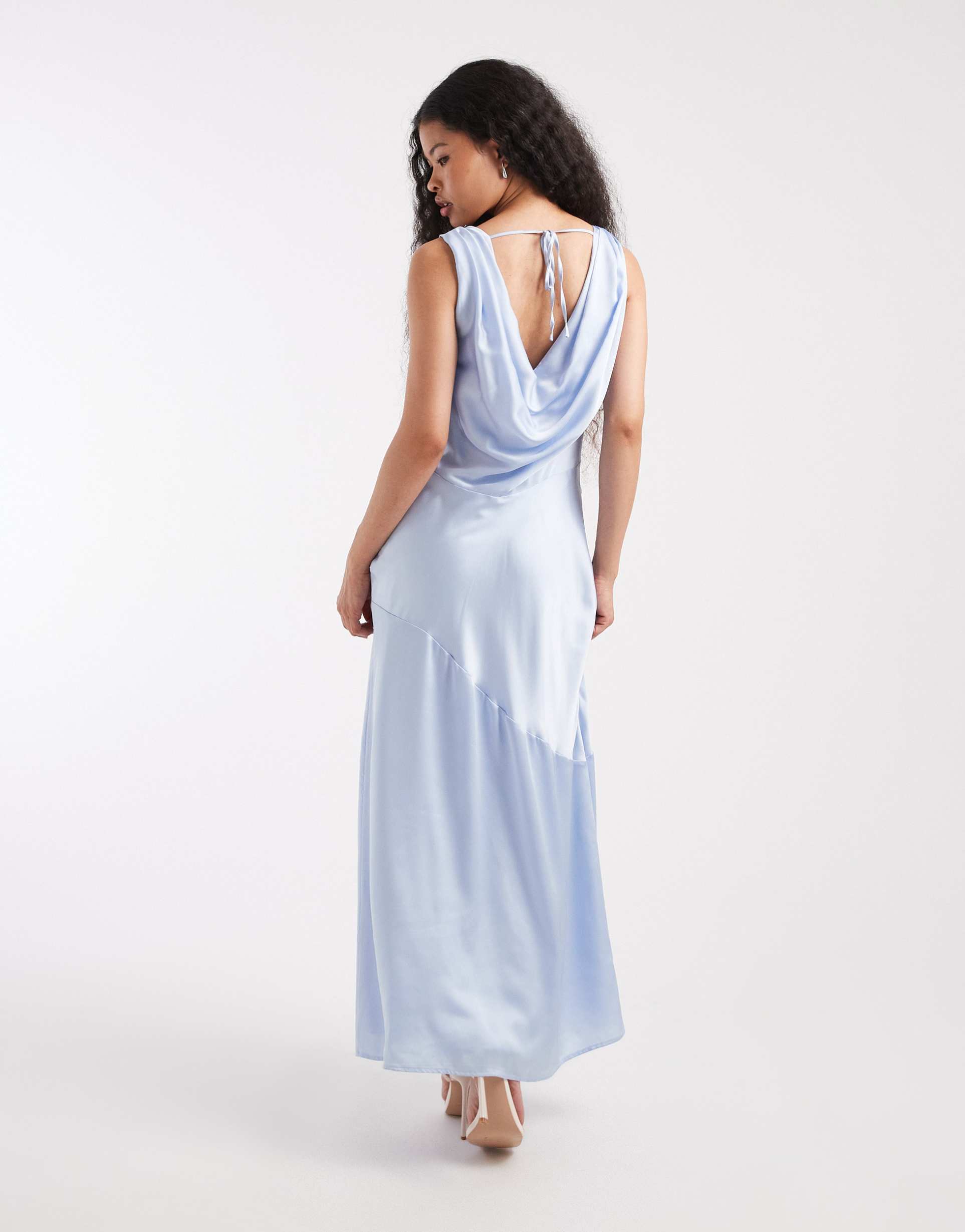 tfnc petite bridesmaid satin cowl front and back maxi dress in light blue