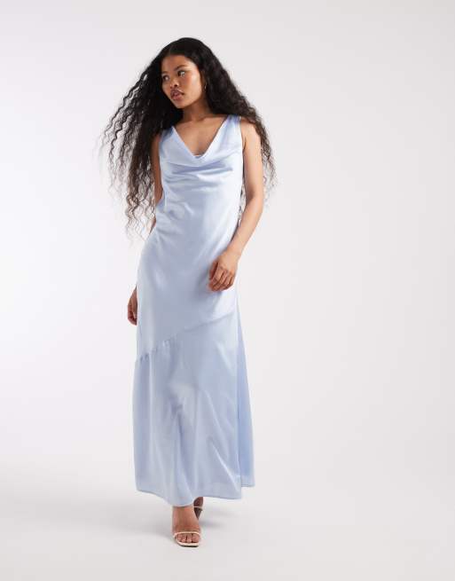 TFNC Petite Bridesmaid satin cowl front and back maxi dress in light blue, 2 of 4