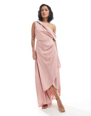 Bridesmaid satin fallen shoulder maxi dress with wrap skirt in dusky pink