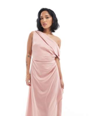 Tfnc Petite Bridesmaid Satin Fallen Shoulder Maxi Dress With Wrap Skirt In Pink