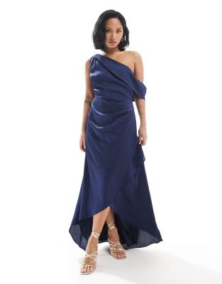 Bridesmaid satin fallen shoulder maxi dress with wrap skirt in navy