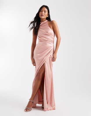 TFNC Petite Bridesmaid satin halter neck wrap skirt maxi dress in pink