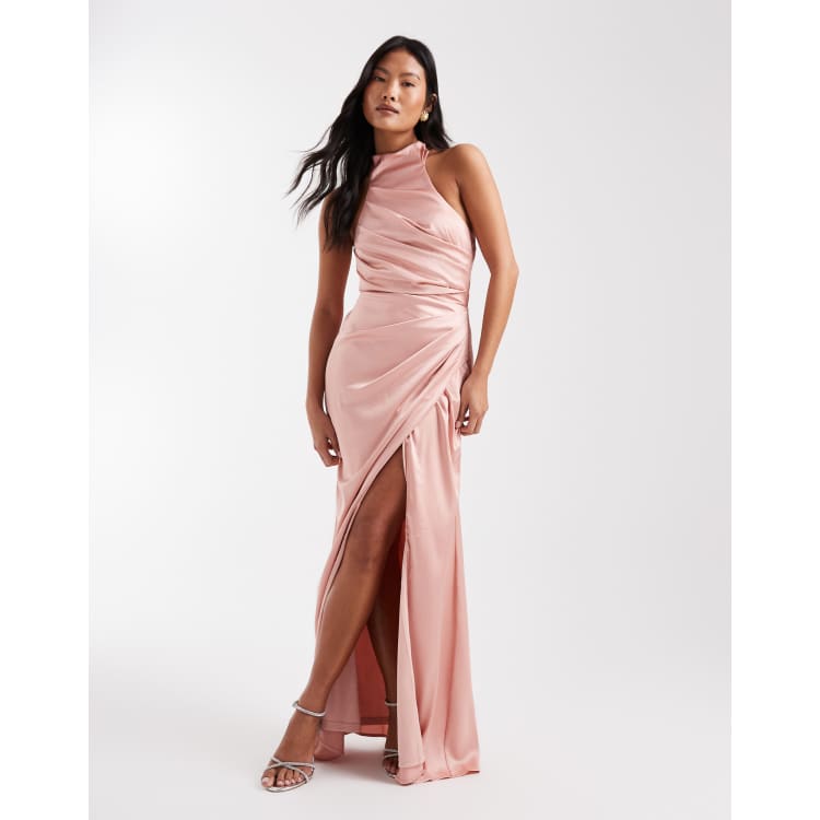 satin halterneck wrap bodycon dress TFNC Petite Bridesmaid one shoulder maxi dress in bubblegum pink