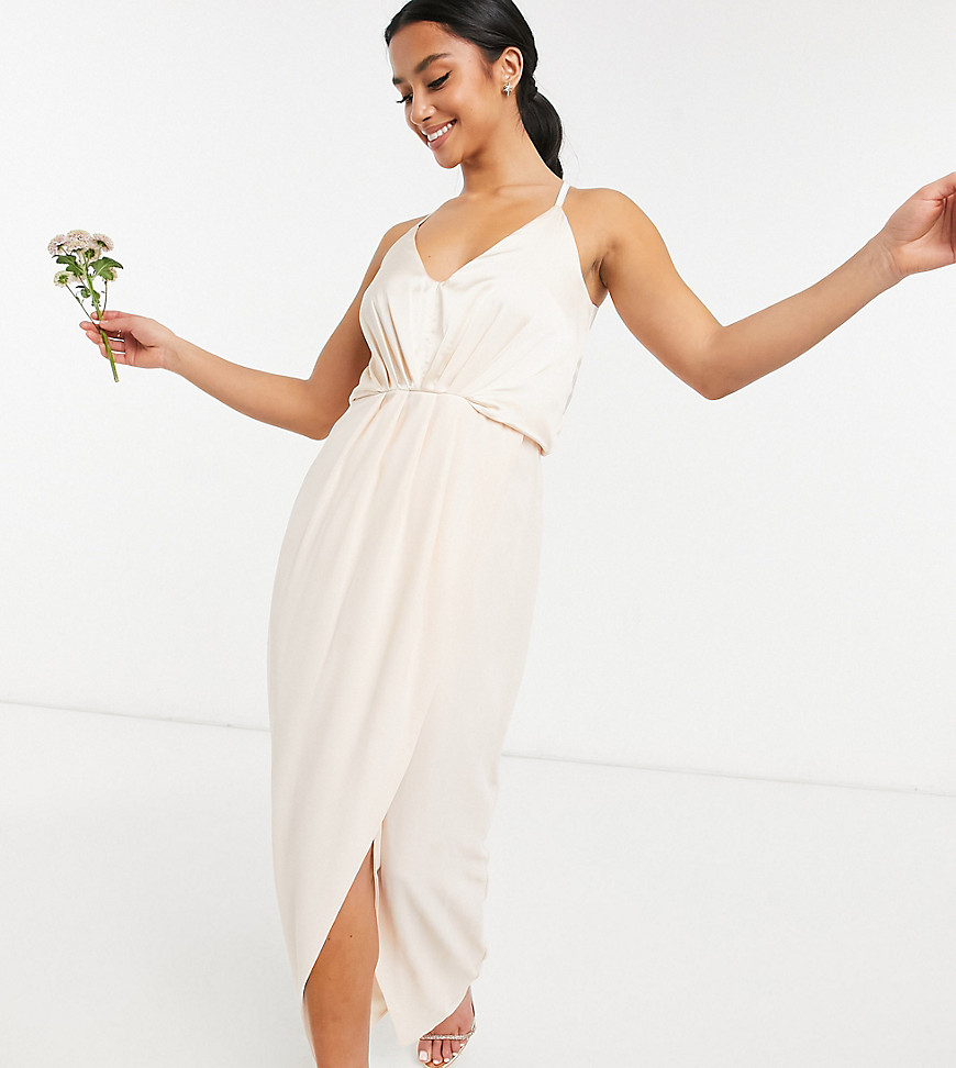 TFNC Petite bridesmaid satin halterneck top maxi dress in light blush-White