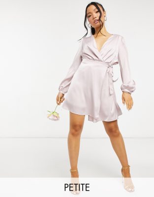 asos TFNC Petite bridesmaid satin long sleeve wrap front mini dress in mink