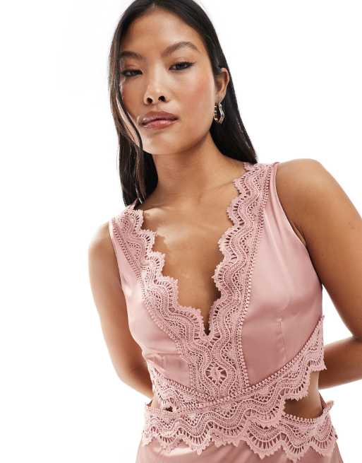 TFNC Petite Bridesmaid satin maxi dress with scalloped lace detail in dusky pink