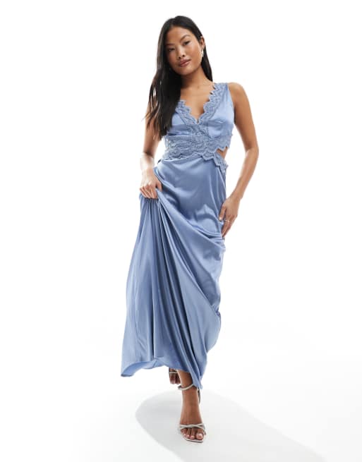 TFNC Petite Bridesmaid satin maxi dress with scalloped lace detail in dusty  blue | ASOS