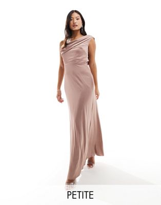 TFNC Petite Bridesmaid satin one shoulder drape maxi dress in rose pink