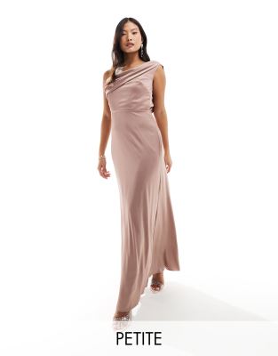 TFNC Petite TFNC Petite Bridesmaid satin one shoulder drape maxi dress in rose pink