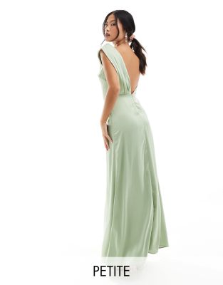 TFNC Petite Bridesmaid satin one shoulder drape maxi dress in sage-Green