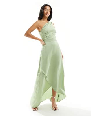 TFNC Petite Bridesmaid Satin one shoulder maxi dress with wrap skirt in sage-Green