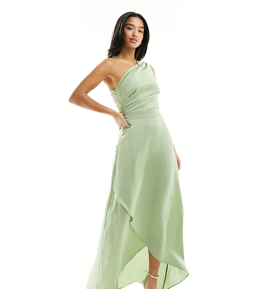 TFNC Petite Bridesmaid Satin one shoulder maxi dress with wrap skirt in sage-Green