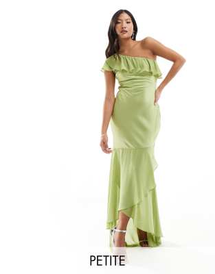 TFNC Petite Bridesmaid satin one shoulder ruffle maxi dress in olive-Green