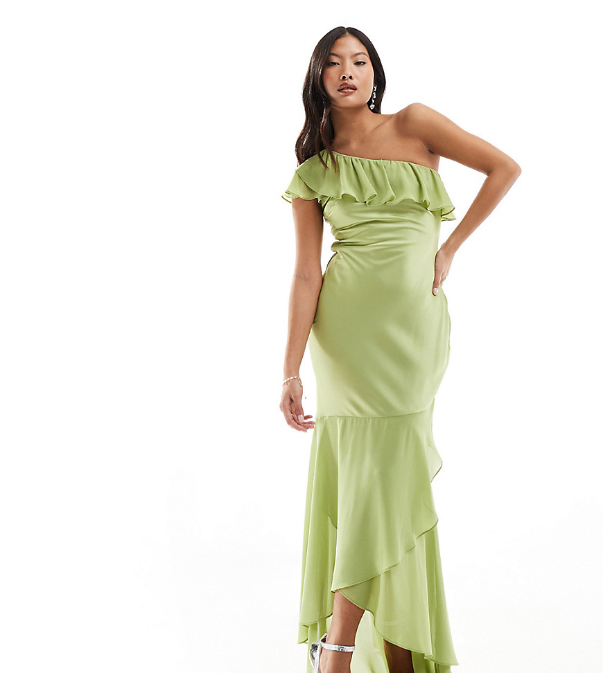 TFNC Petite Bridesmaid satin one shoulder ruffle maxi dress in olive-Green