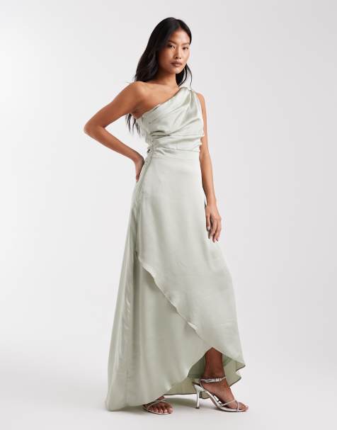 TFNC Petite Bridesmaid satin one shoulder wrap skirt maxi dress in sage green - view 1