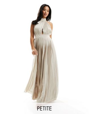 TFNC Petite Bridesmaid satin pleated halterneck maxi dress with full skirt in champagne