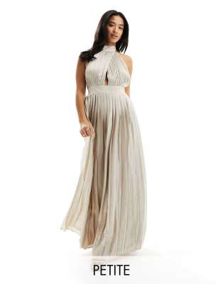 TFNC Petite Bridesmaid satin pleated halterneck maxi dress with full skirt in champagne-Gold