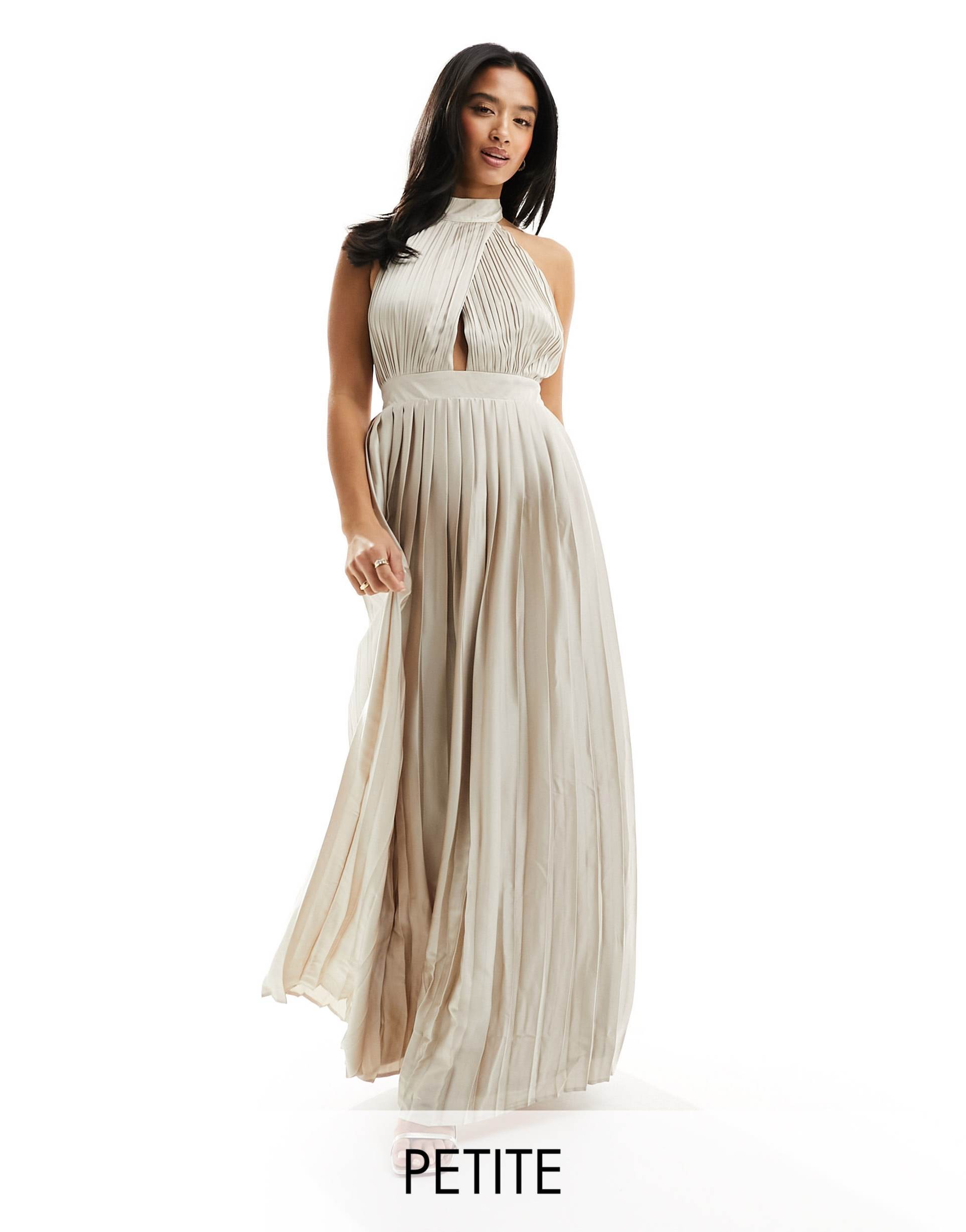 tfnc petite bridesmaid satin pleated halterneck maxi dress with full skirt in champagne