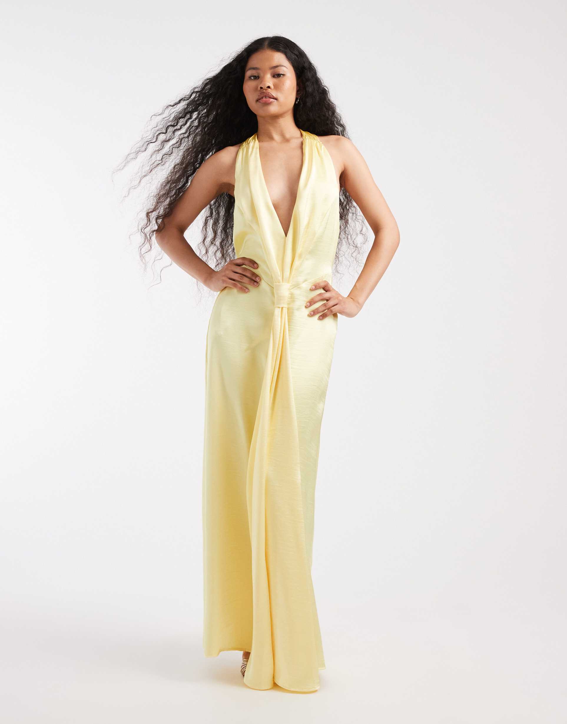 tfnc petite bridesmaid satin plunge halter neck tassel detail maxi dress in lemon