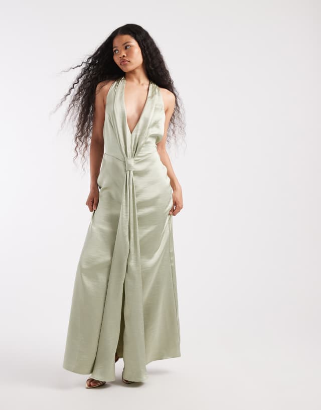 TFNC Petite Bridesmaid satin plunge halter neck tassel detail maxi dress in sage green - LGREEN