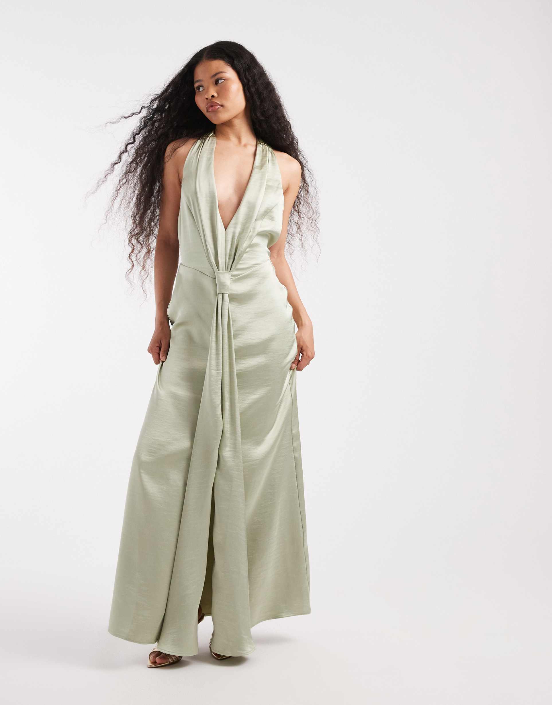tfnc petite bridesmaid satin plunge halter neck tassel detail maxi dress in sage green