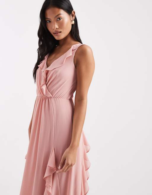 TFNC Petite – Bridesmaid Selena – Maxikleid aus Chiffon in Rosa mit Rüschen und V-Ausschnitt, 2 von 4