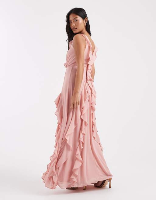 TFNC Petite – Bridesmaid Selena – Maxikleid aus Chiffon in Rosa mit Rüschen und V-Ausschnitt, 4 von 4