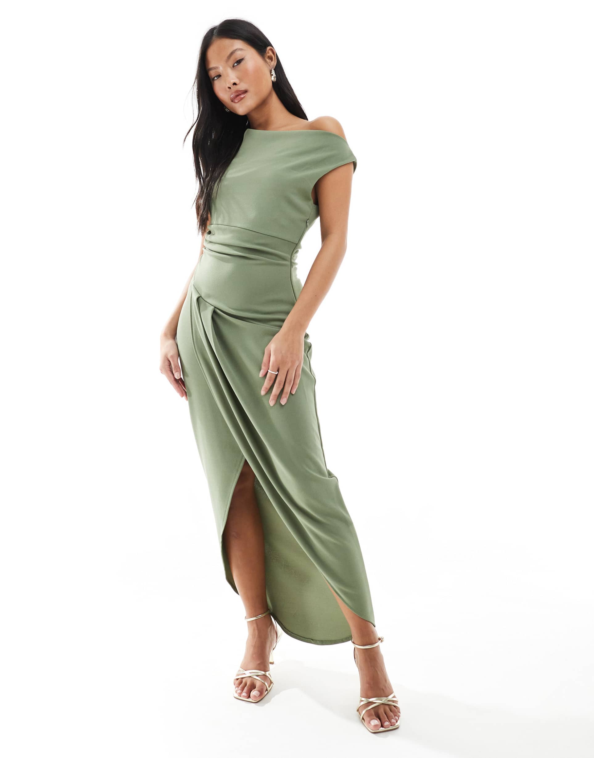 tfnc petite bridesmaid slash neck maxi dress with ruching detail in dark green