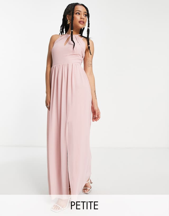 TFNC Petite Bridesmaid strappy back halter neck dress in dusty pink