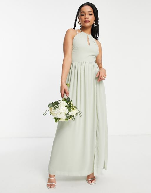 TFNC Petite Bridesmaid strappy back halter neck dress in sage green