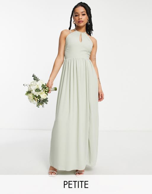 TFNC Petite Bridesmaid strappy back halterneck dress in sage green