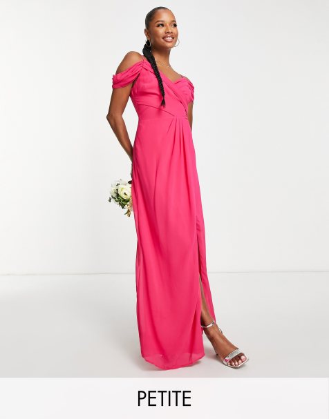 TFNC Petite – Bridesmaid – Sukienka kopertowa drapowana na ramieniu w kolorze różowej fuksji - view 1